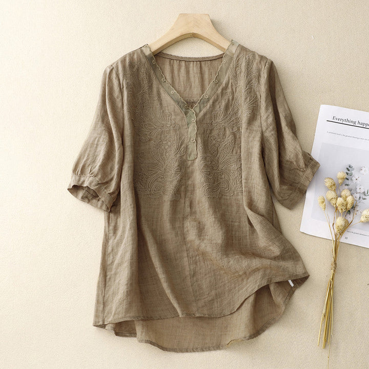 Duttini | Statement Embroidered V-Neck Linen Blend Short Sleeve Blouse