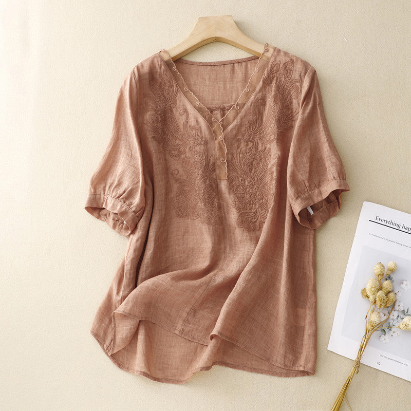 Duttini | Statement Embroidered V-Neck Linen Blend Short Sleeve Blouse