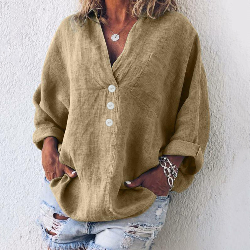 Duttini | Modern V-Neck Oversized Top Long Sleeve Button