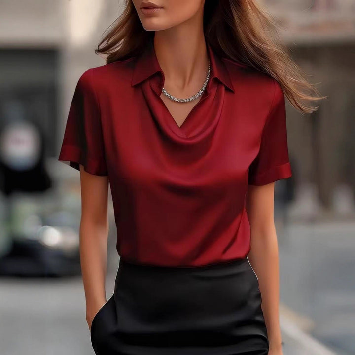 Duttini | Elegant Satin Blouse With Draped Cowl Neck And Cuffed Sleeves