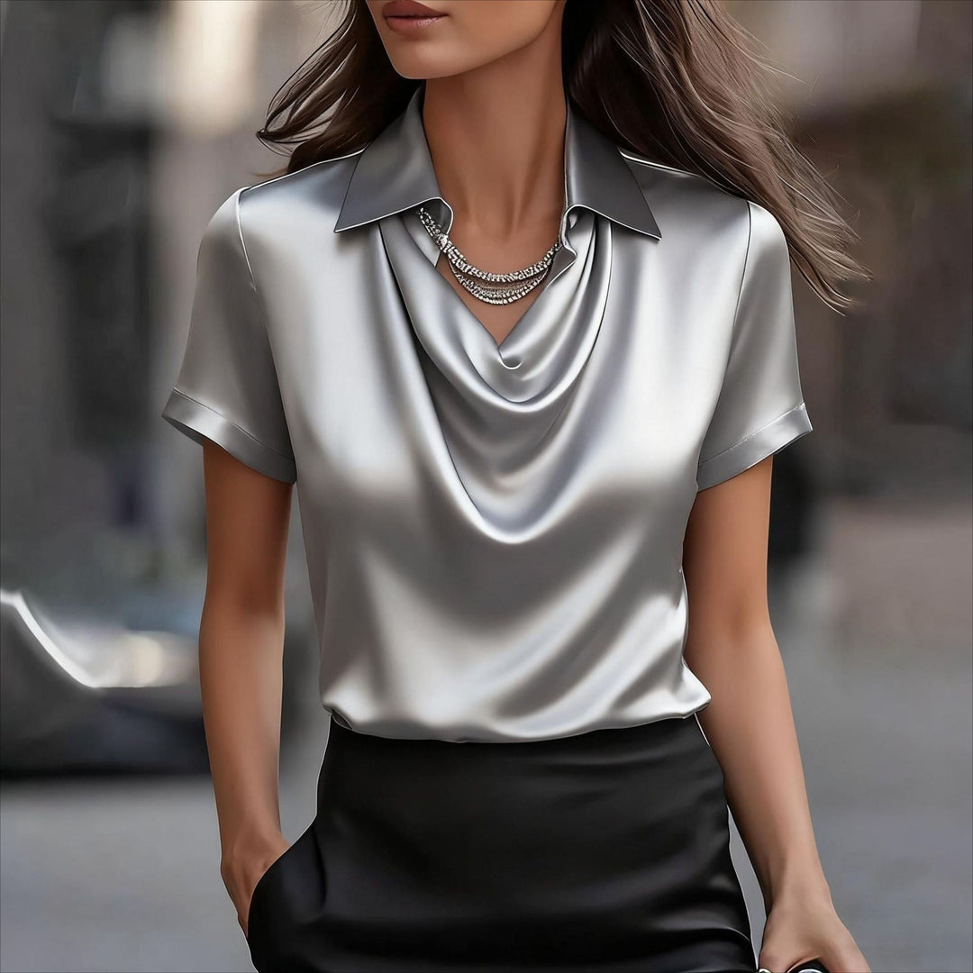 Duttini | Elegant Satin Blouse With Draped Cowl Neck And Cuffed Sleeves