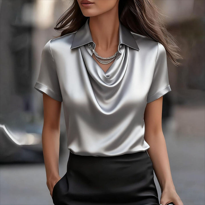Duttini | Elegant Satin Blouse With Draped Cowl Neck And Cuffed Sleeves