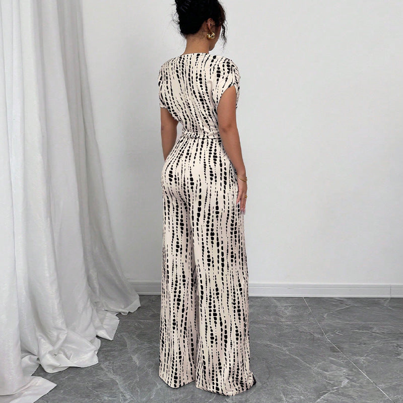 Duttini | Graceful Printed Wide Leg Jumpsuit One Shoulder Belted