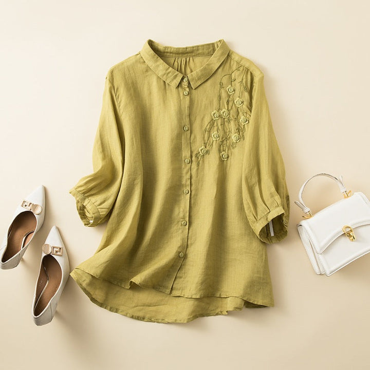 Duttini | Graceful Embroidered Linen Blend Button-Up Blouse With Curved Hem