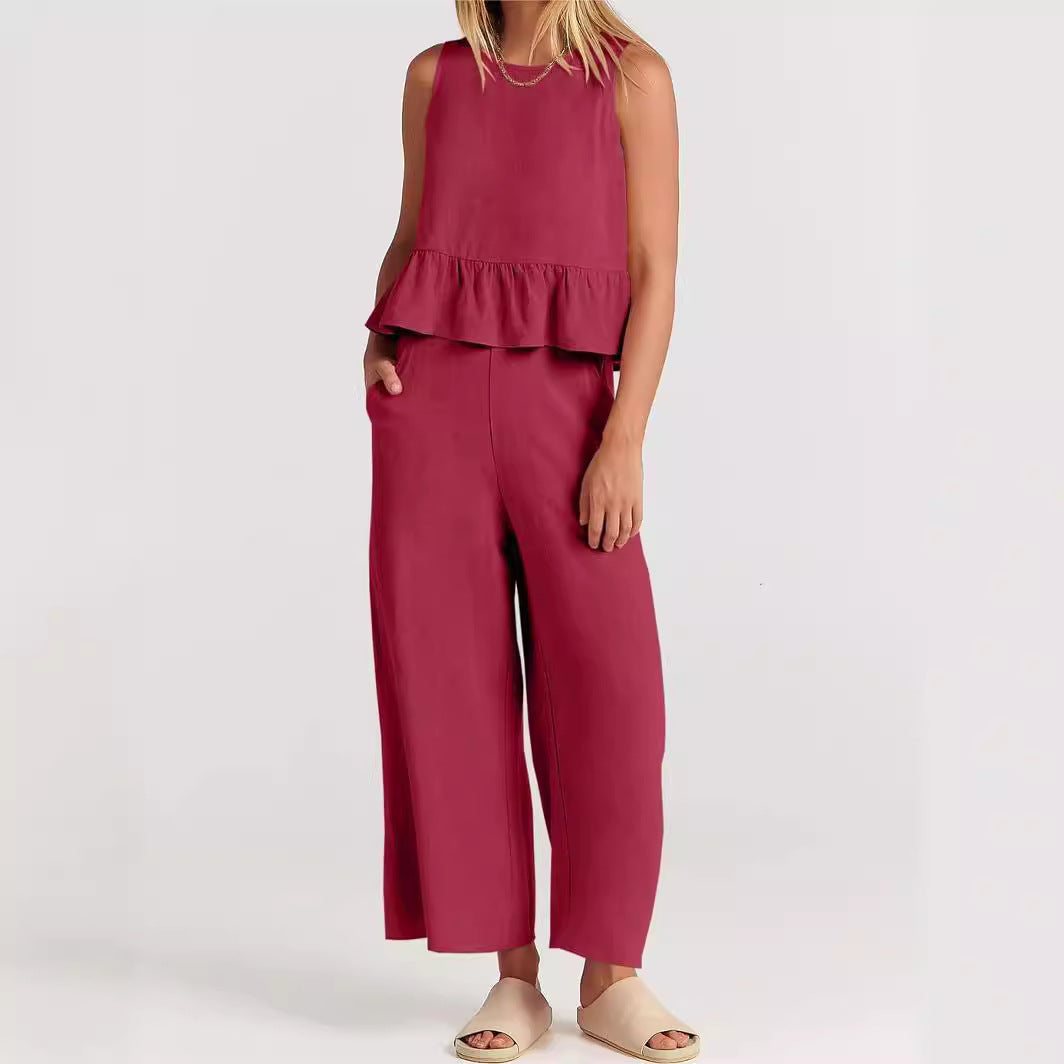 Duttini | Sculpted Breezy Linen Blend Peplum Top And Wide-Leg Pant Set