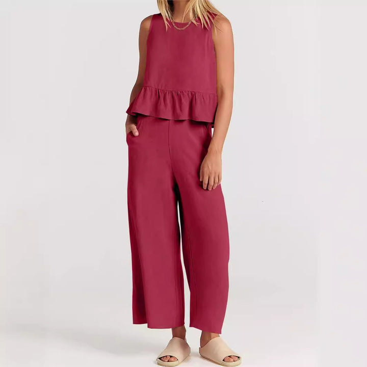 Duttini | Sculpted Breezy Linen Blend Peplum Top And Wide-Leg Pant Set