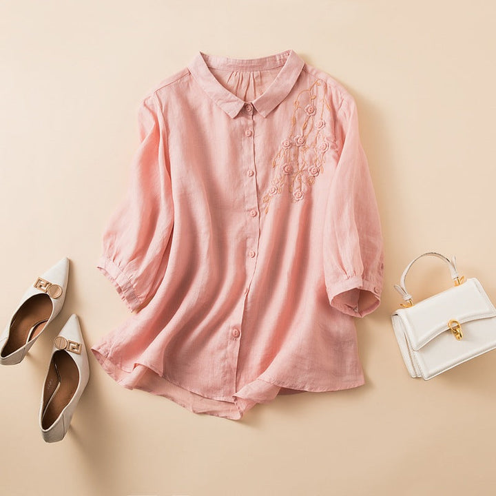 Duttini | Graceful Embroidered Linen Blend Button-Up Blouse With Curved Hem