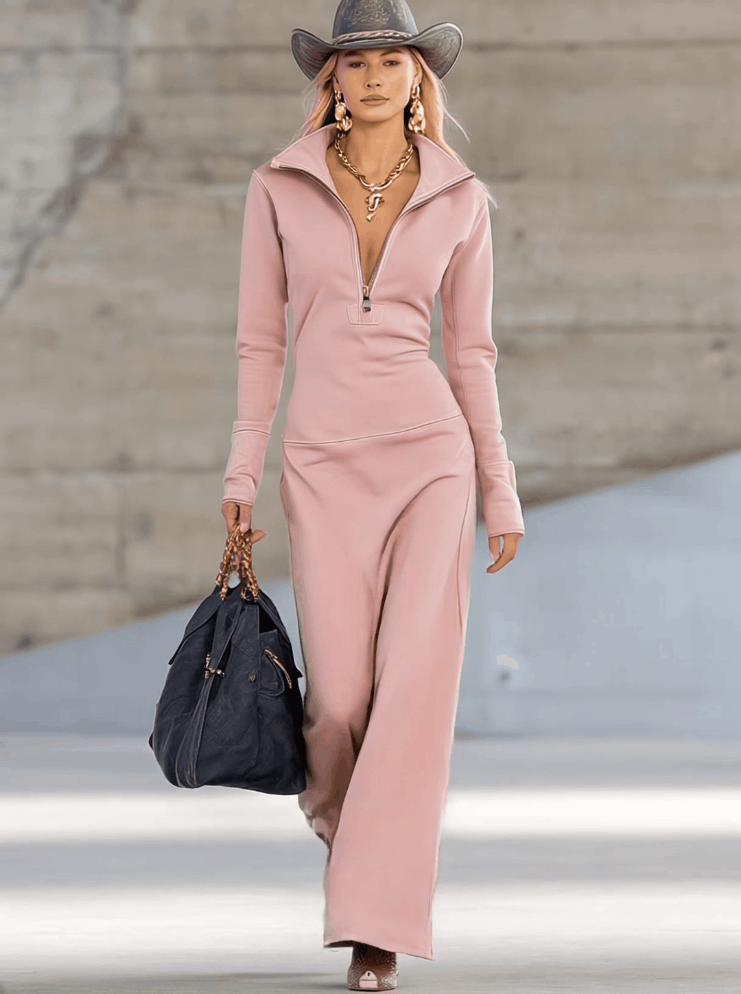 Duttini | Pink V-Neck Evening Dress