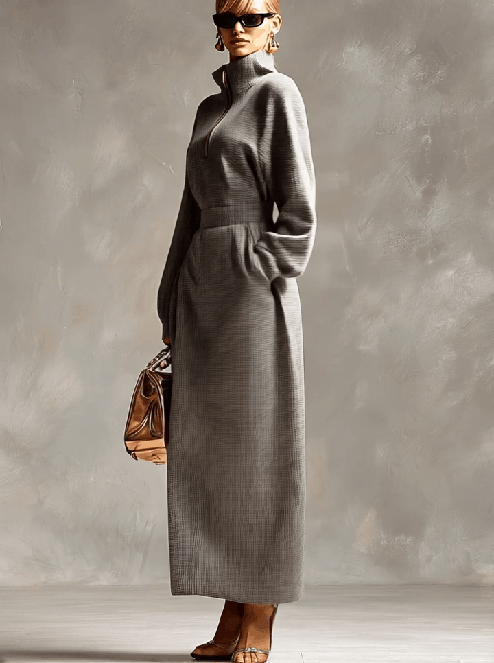 Duttini | Grey Waffle Long Sleeve Casual Dress
