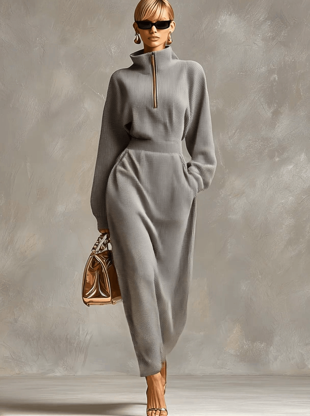 Duttini | Grey Waffle Long Sleeve Casual Dress