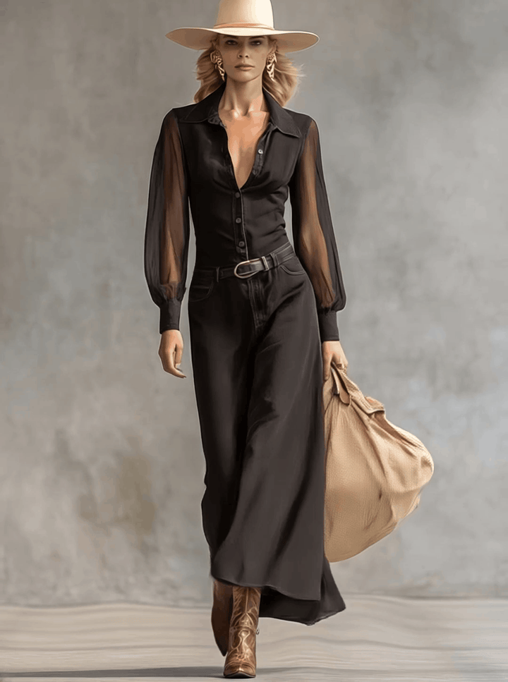 Duttini | Black Denim V-Neck Casual Dress