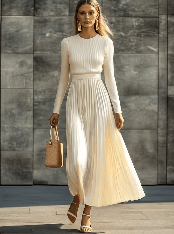 Duttini | Cream Satin Pleated Casual Dress