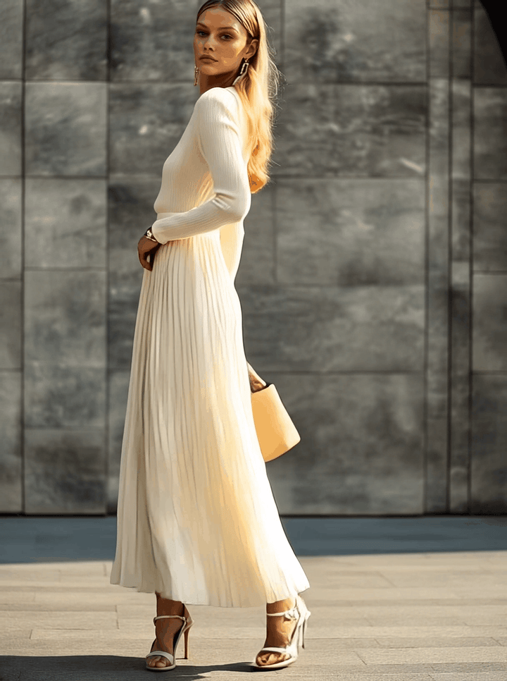 Duttini | Cream Satin Pleated Casual Dress