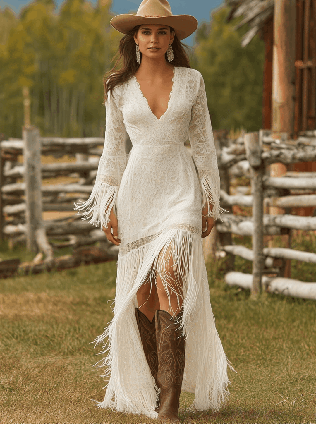 Duttini | White Lace V-Neck Evening Dress