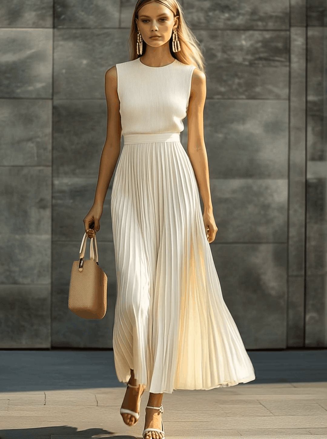 Duttini | Cream Chiffon Pleated Casual Dress