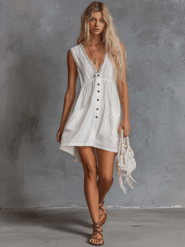 Duttini | White Lace V-Neck Casual Dress