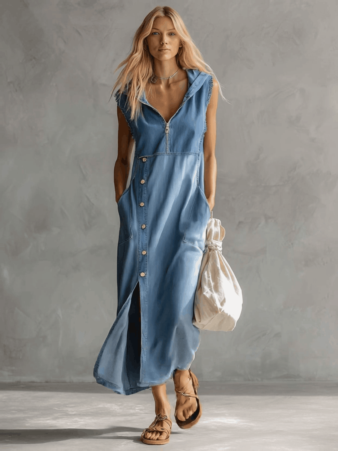 Duttini | Blue Denim V-Neck Casual Dress