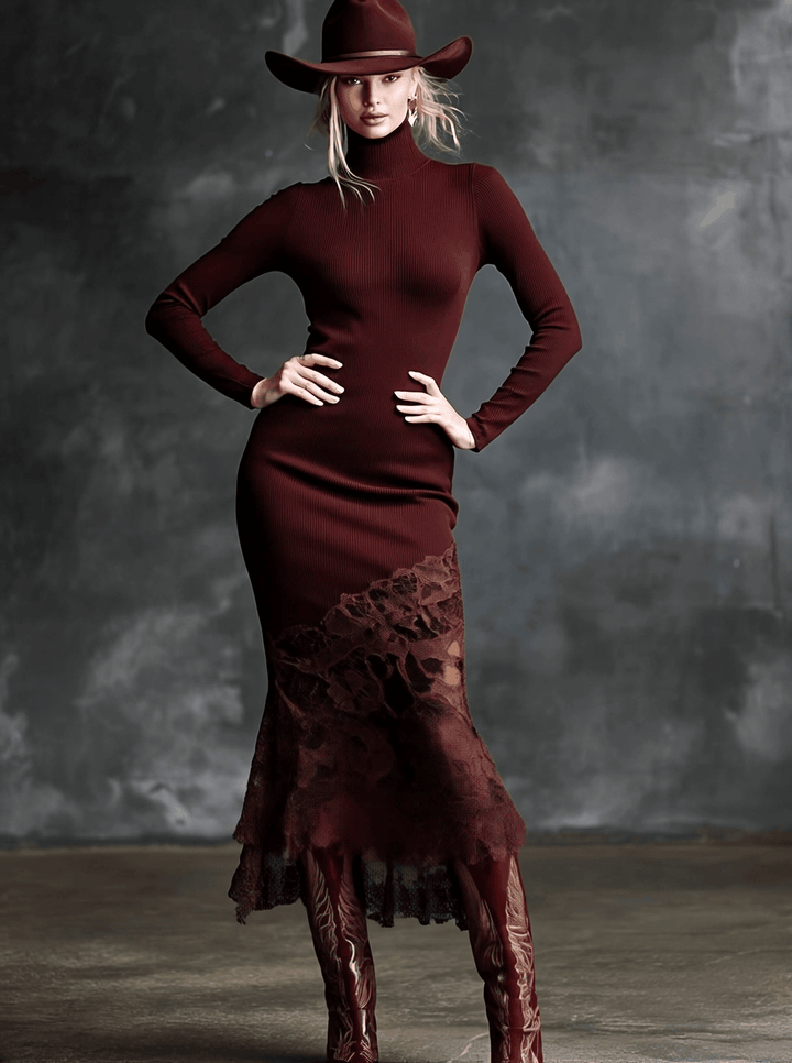 Duttini | Burgundy Lace Evening Dress