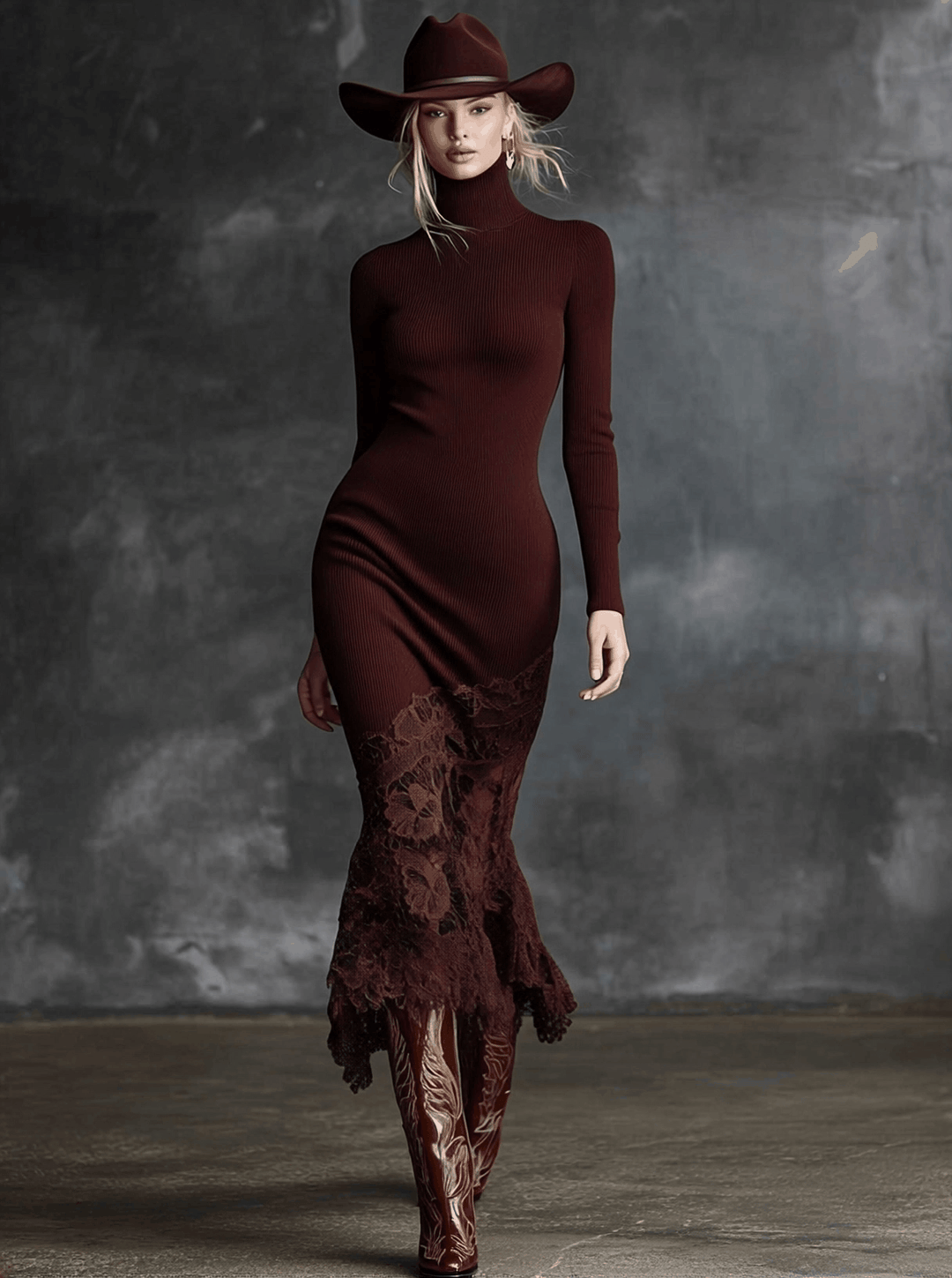 Duttini | Burgundy Lace Evening Dress