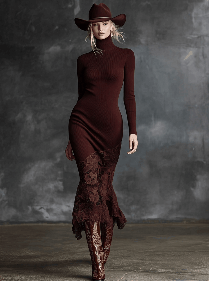 Duttini | Burgundy Lace Evening Dress