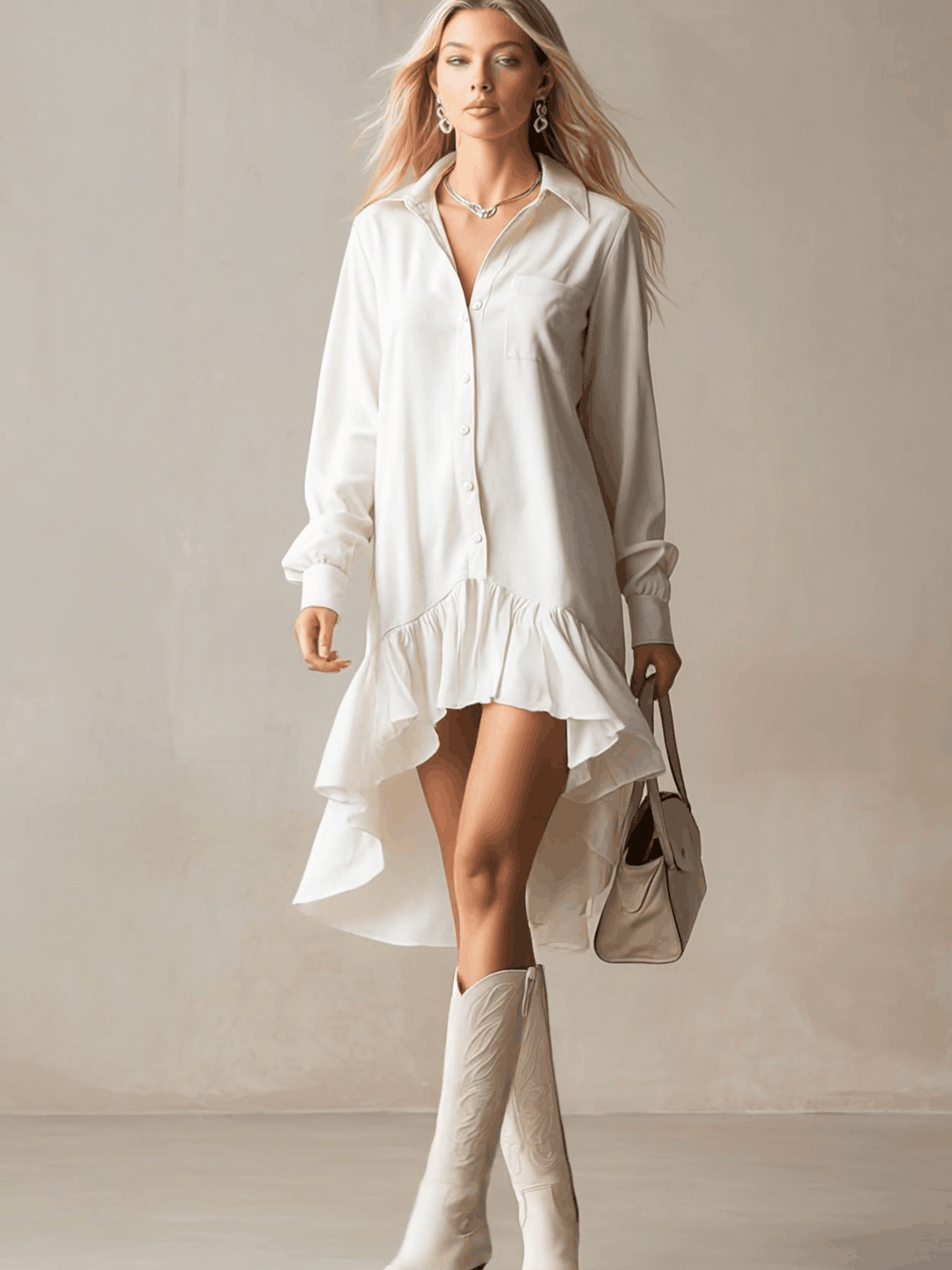 Duttini | White Denim Ruffle Evening Dress