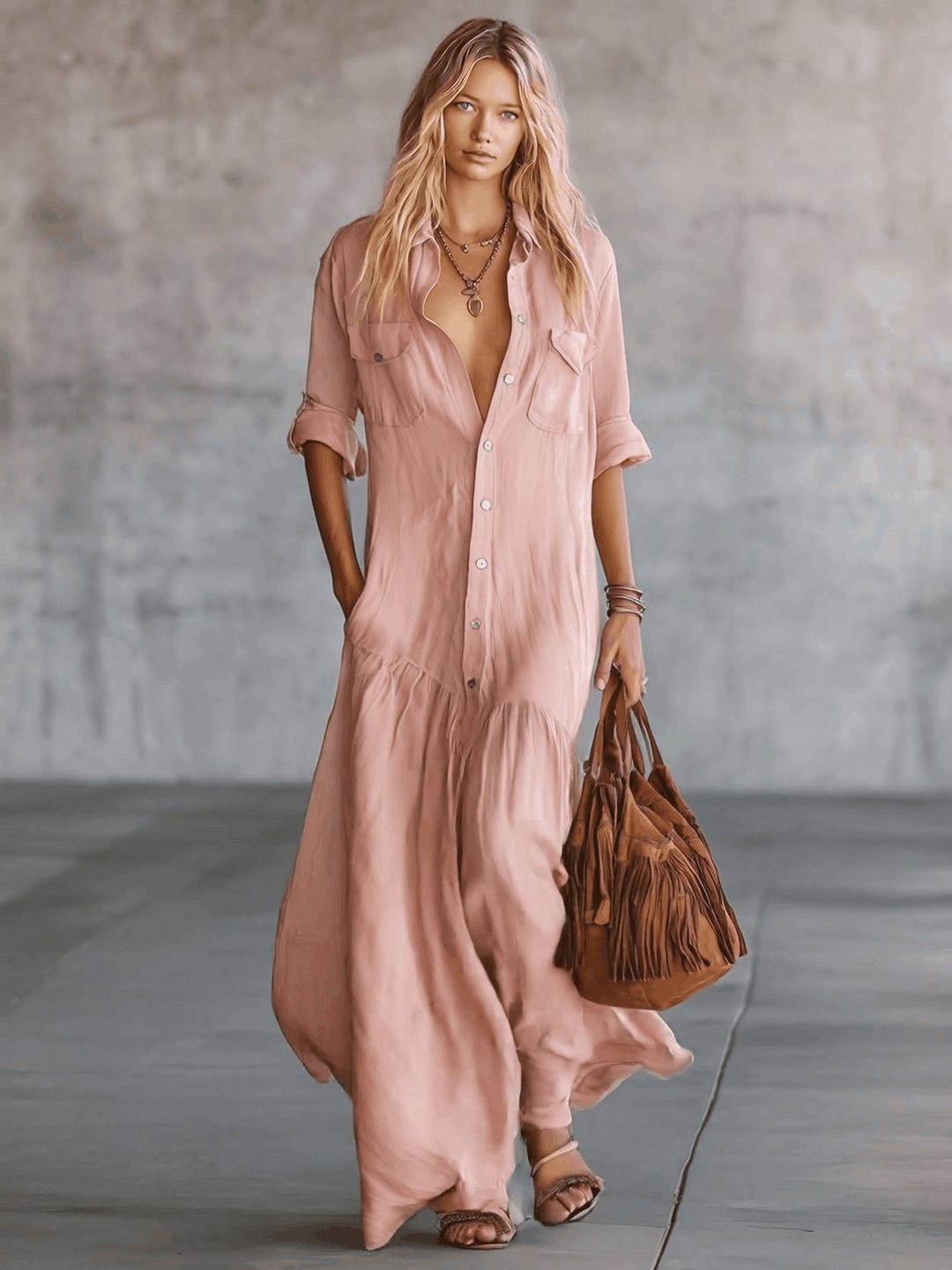 Duttini | Pink Linen V-Neck Casual Dress