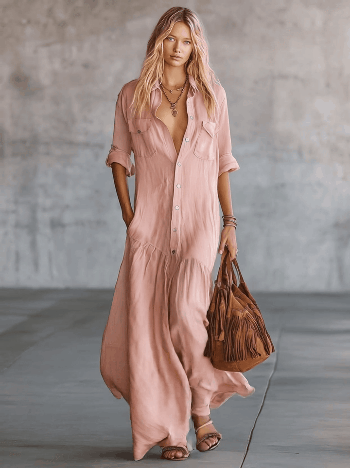 Duttini | Pink Linen V-Neck Casual Dress