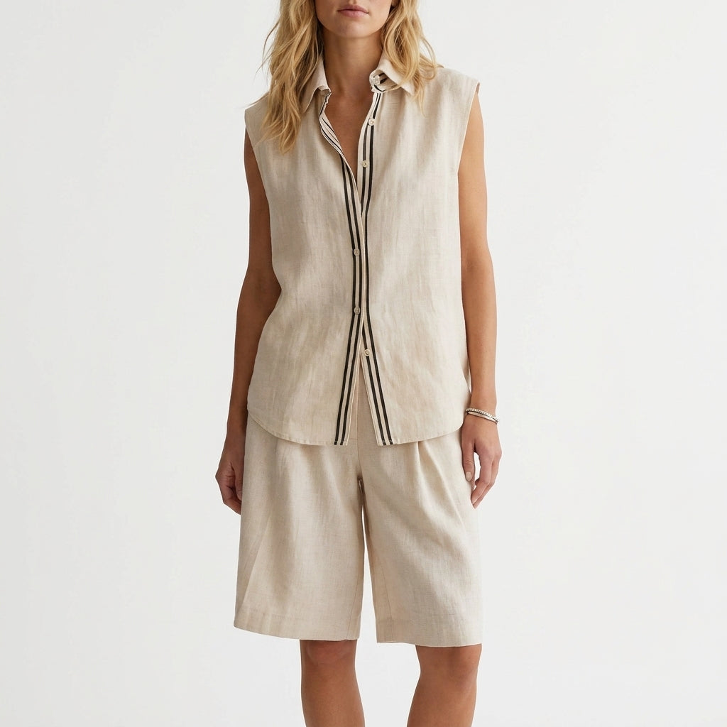 Duttini | Elegant Relaxed Sleeveless Button-Up Shirt And Wide-Leg Pleated Shorts Set