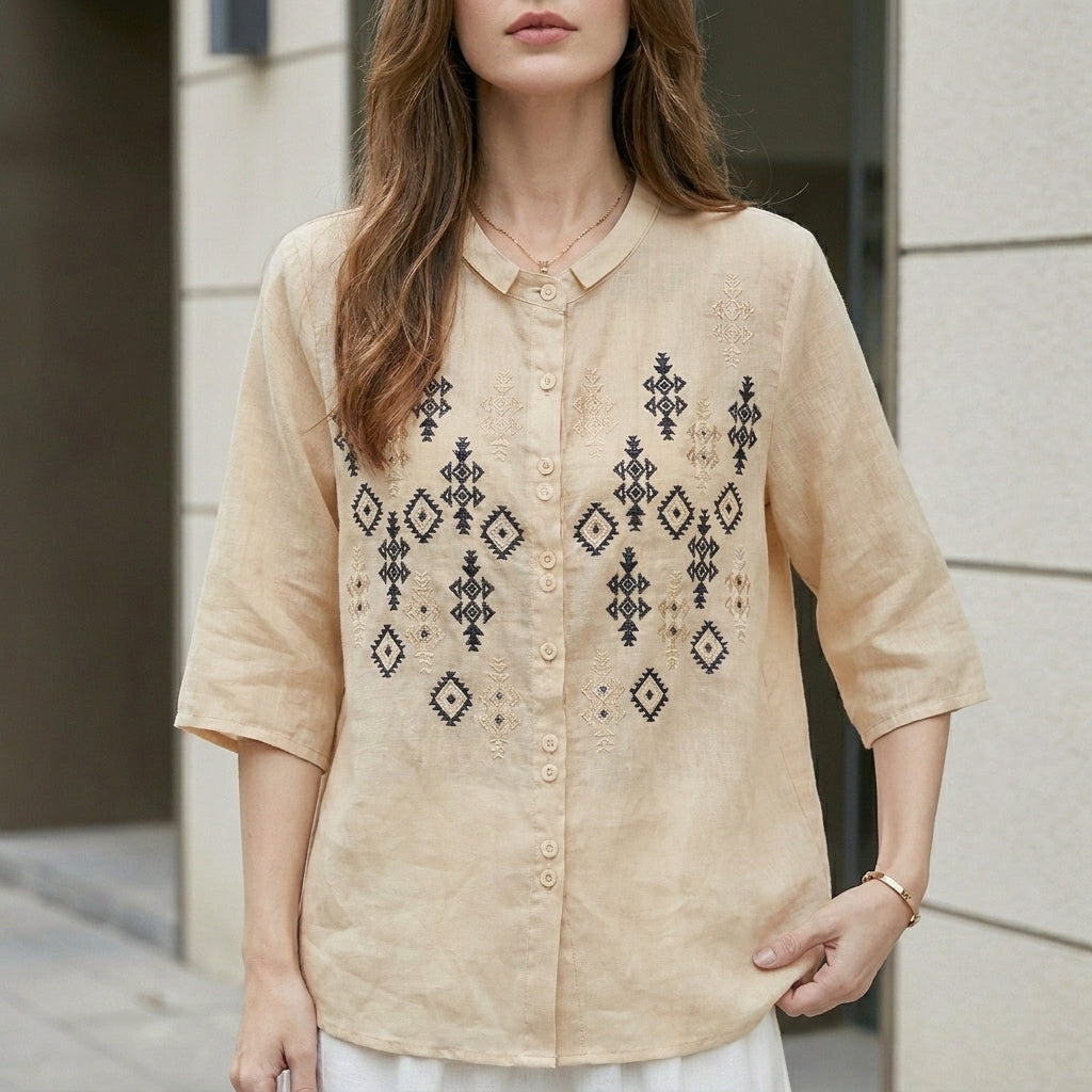 Duttini | Elegant Embroidered Geometric Button-Down Blouse With Stand Collar And Relaxed Fit