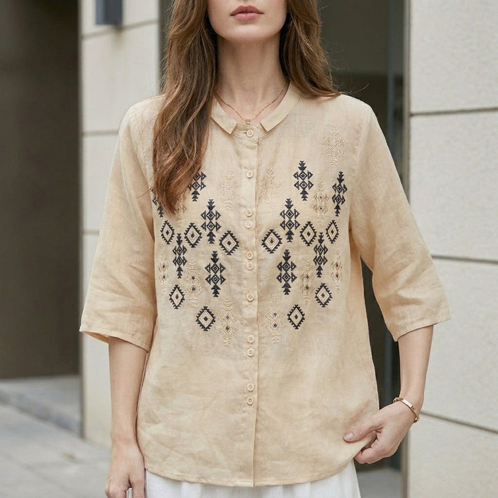 Duttini | Elegant Embroidered Geometric Button-Down Blouse With Stand Collar And Relaxed Fit