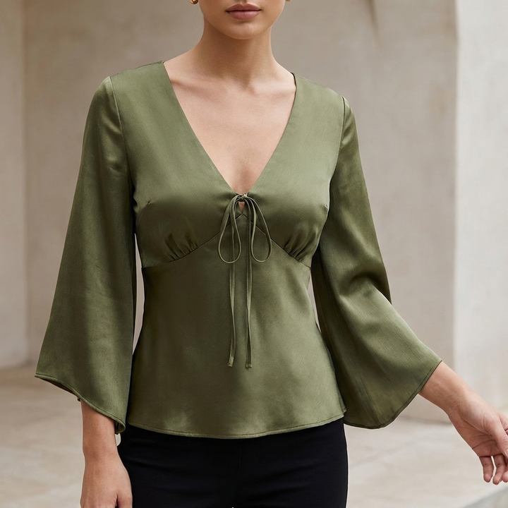 Duttini | Effortless Tailored Tie-Front Blouse With Empire Waist And Flared Sleeves
