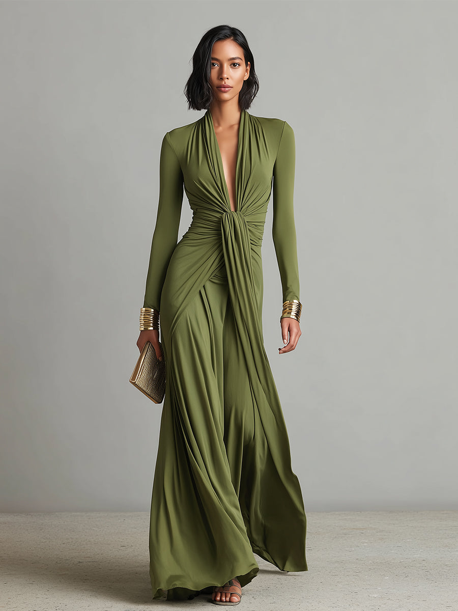 Duttini | Olive Silk V-Neck Dress