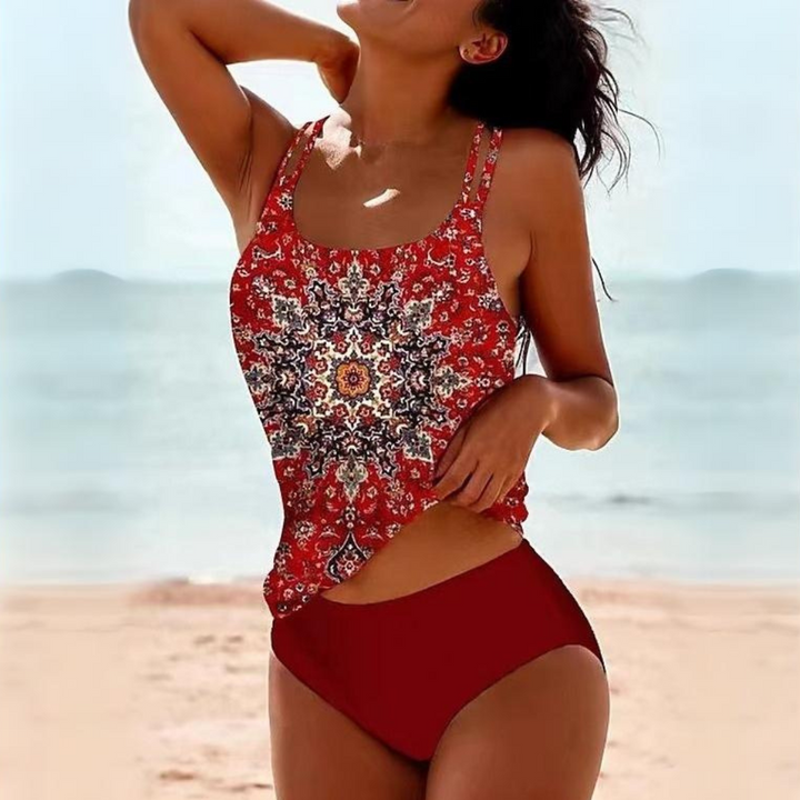 Duttini | Sculpted Bohemian Print Tankini Top & High-Waisted Bikini Bottom Set