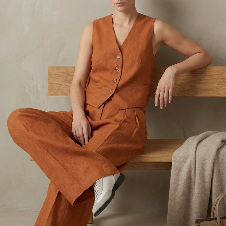 Duttini | Graceful Tailored Linen Sleeveless Vest And High-Waisted Pleated Trouser Set