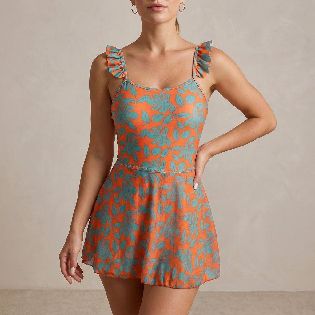 Duttini | Effortless Tropical Blossom Ruffle Strap Swim Dress With Flattering Flared Skirt
