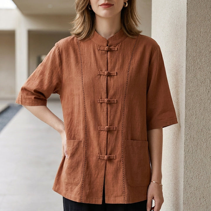 Duttini | Graceful Minimalist Mandarin Collar Blouse With Elegant Knot Button Detail