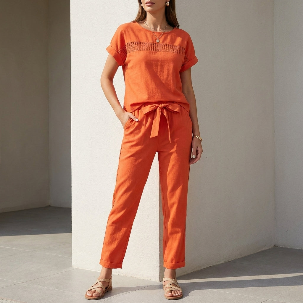 Duttini | Lightweight Woven Two-Piece Set With Mesh Accents And Self-Tie Waist