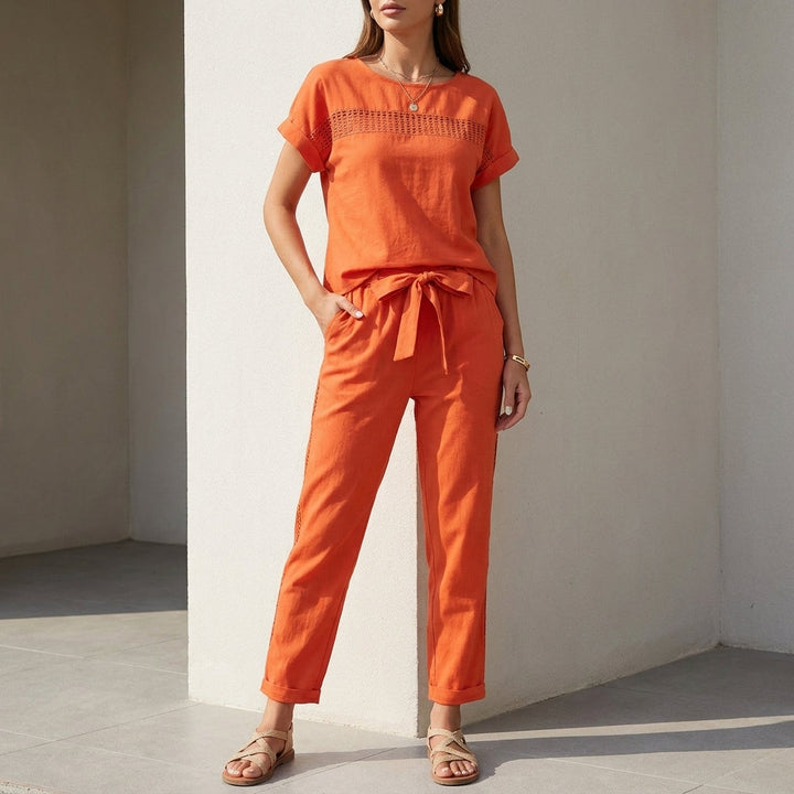 Duttini | Lightweight Woven Two-Piece Set With Mesh Accents And Self-Tie Waist