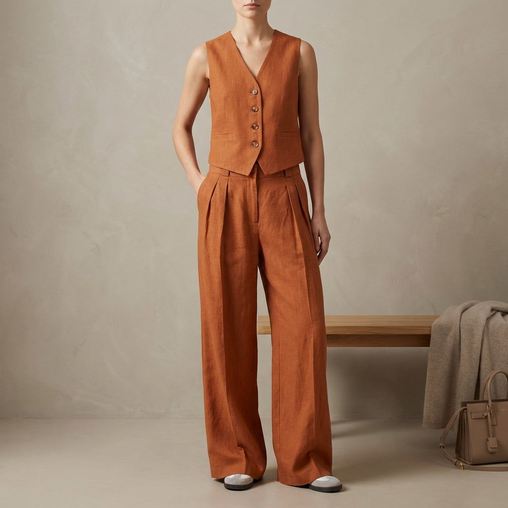 Duttini | Graceful Tailored Linen Sleeveless Vest And High-Waisted Pleated Trouser Set
