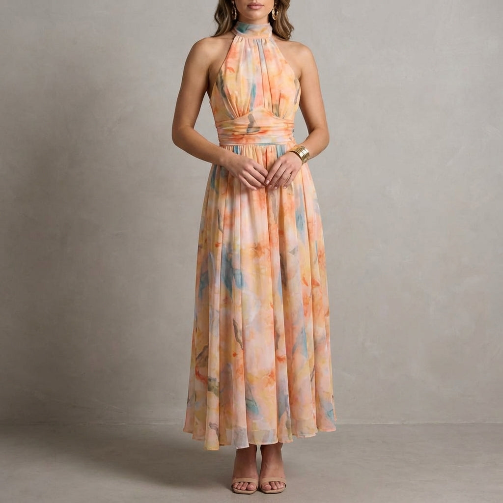 Duttini | Elegant Ariellea Flowing Chiffon Halter Neck Maxi Dress With Waist Tie