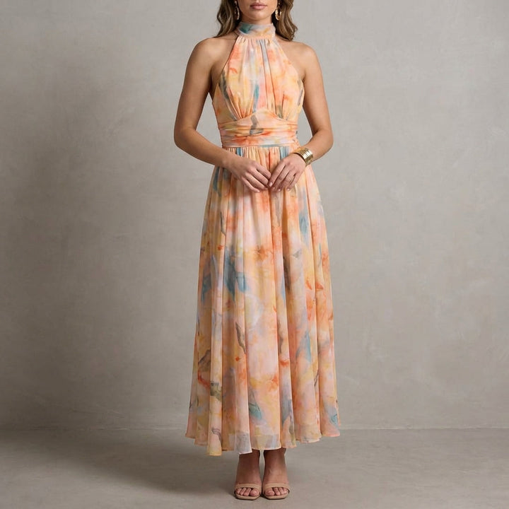 Duttini | Elegant Ariellea Flowing Chiffon Halter Neck Maxi Dress With Waist Tie