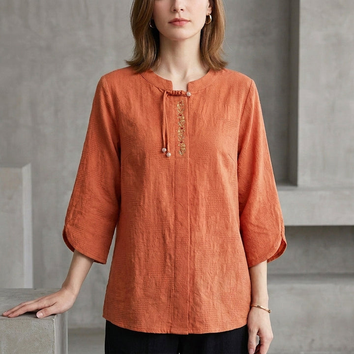 Duttini | Feminine Bohemian Embroidered Blouse With Relaxed Fit And Tassel Tie Detail