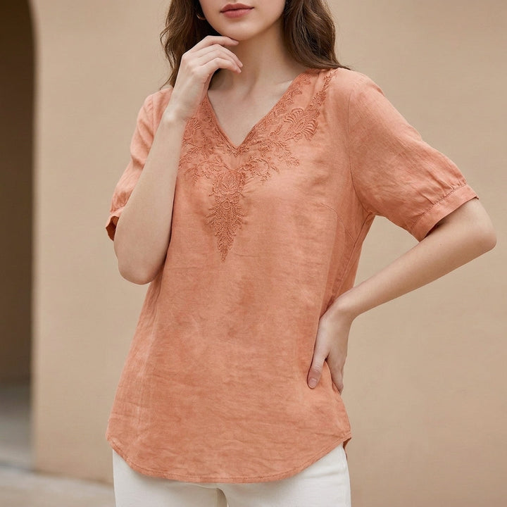 Duttini | Graceful Embroidered V-Neck Blouse With Textured High-Low Hem And Soft Draping