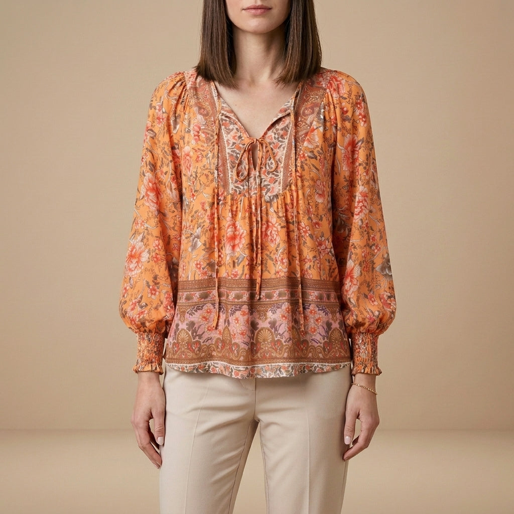 Duttini | Flowing Bohemian Floral Patchwork Peasant Blouse With Tassel Tie Neck