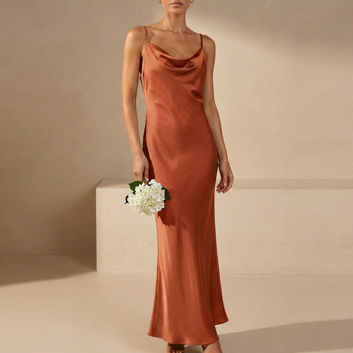 Duttini | Sophisticated Satin Fitted Cowl Neck Maxi Dress With Spaghetti Straps For Evenings