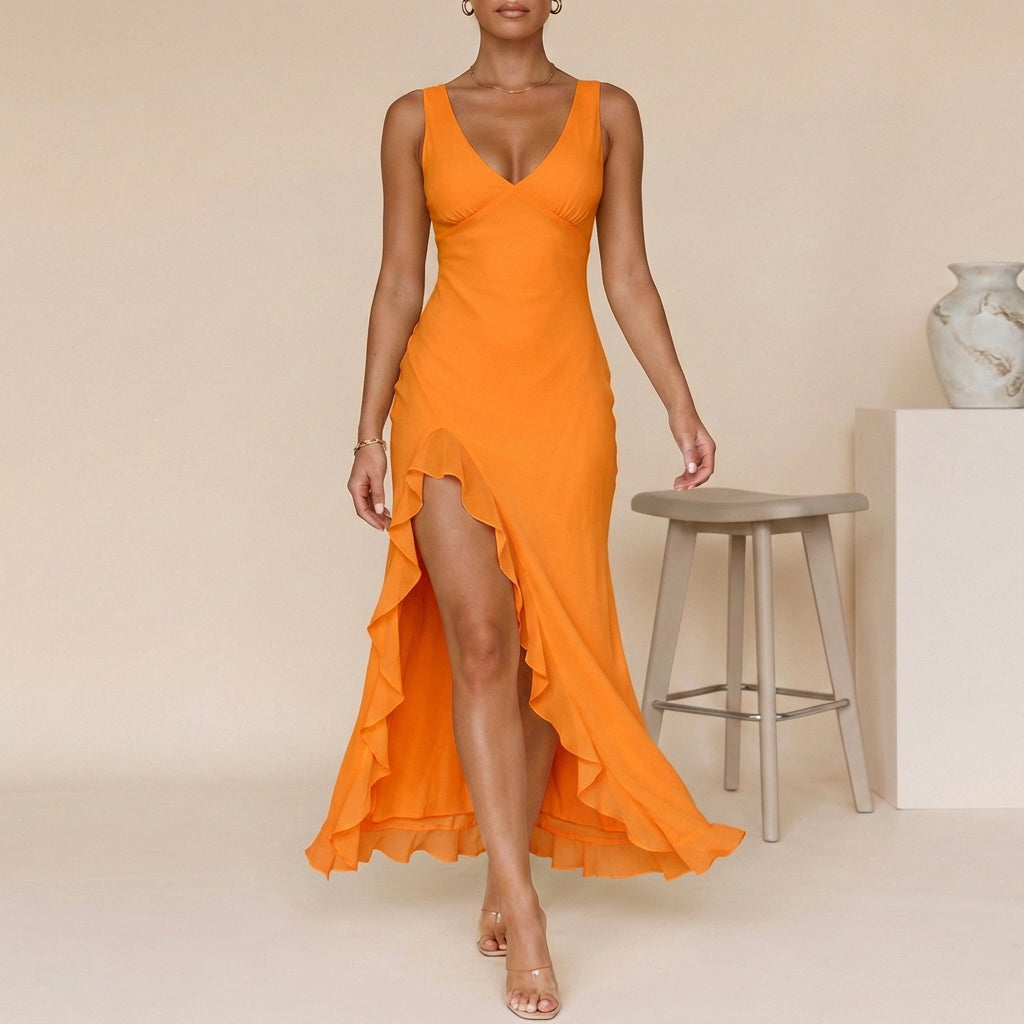 Duttini | Flowing Chiffon Maxi Dress With Ruched Bodice And Ruffled Slit