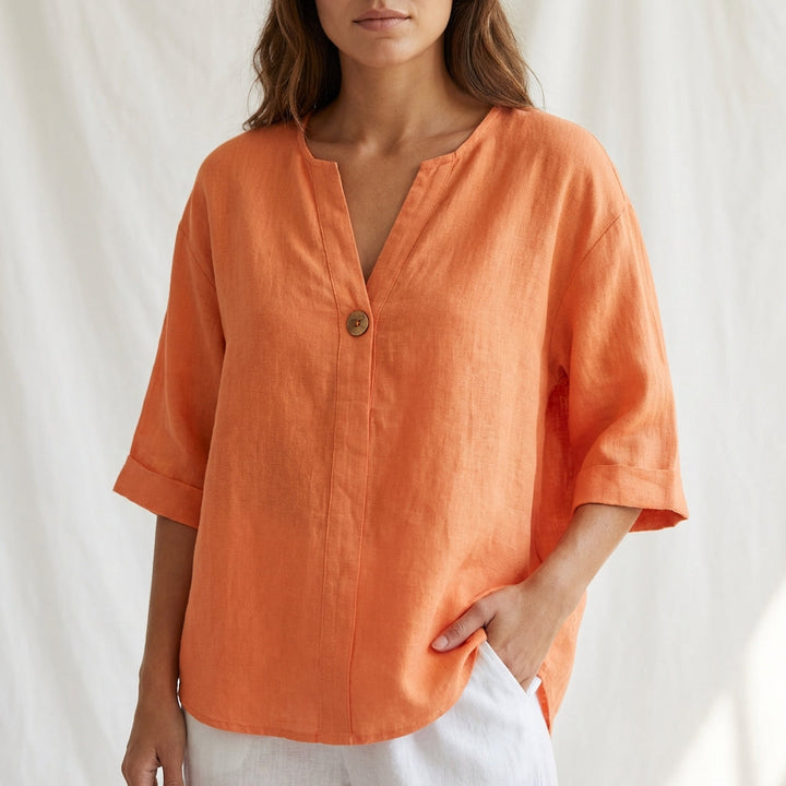 Duttini | Flowing Cotton Linen V-Neck Blouse With Button Front And Cuffed Sleeves