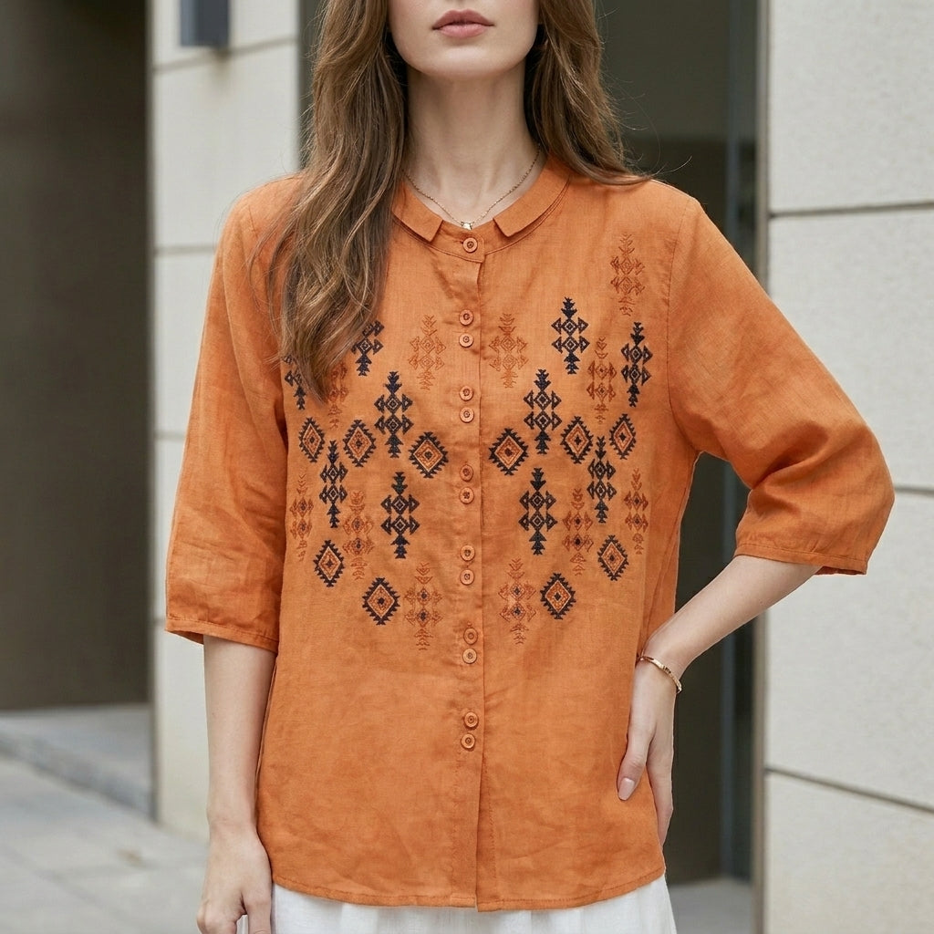 Duttini | Elegant Embroidered Geometric Button-Down Blouse With Stand Collar And Relaxed Fit