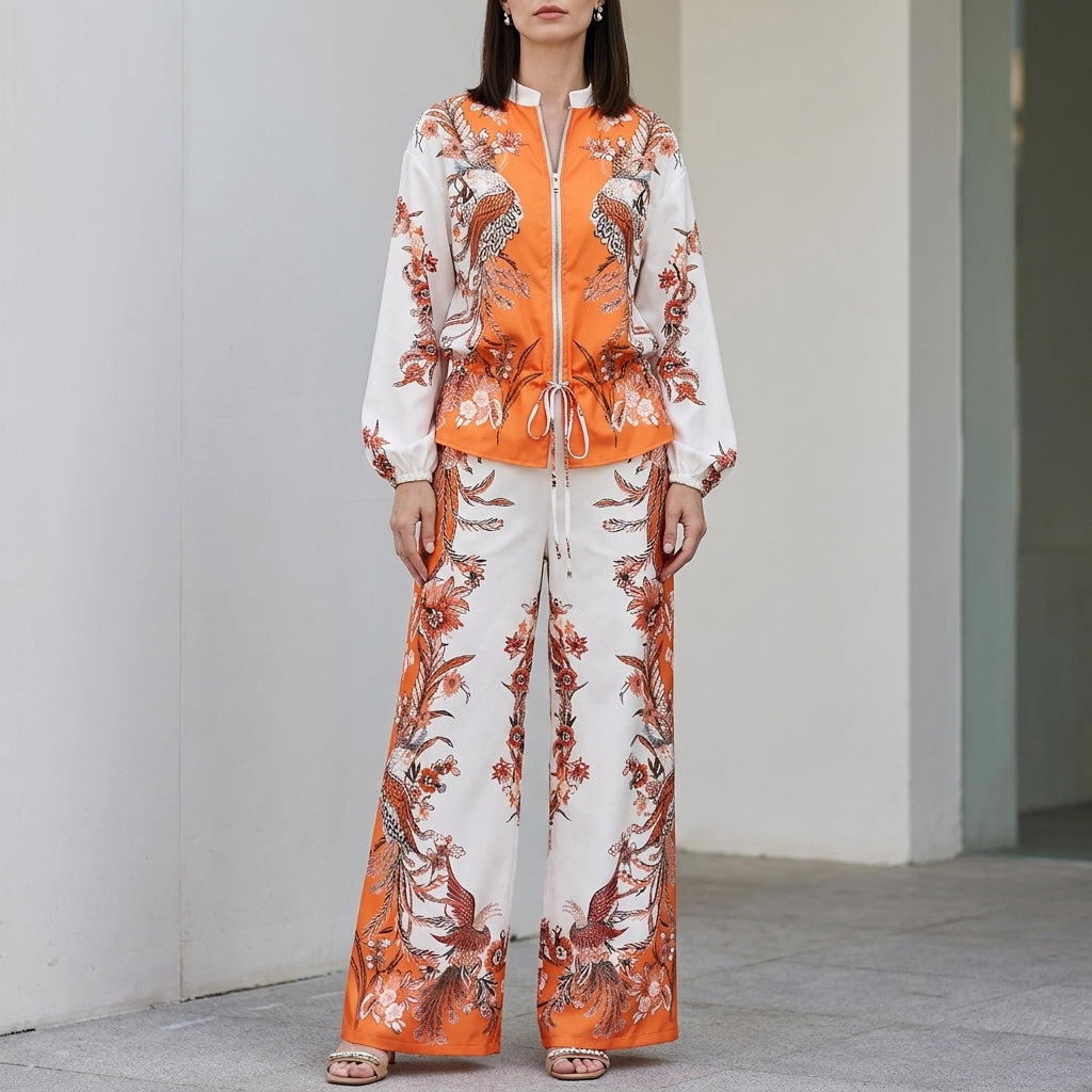 Duttini | Feminine Botanical Zip-Front Top And Wide-Leg Pants Ensemble