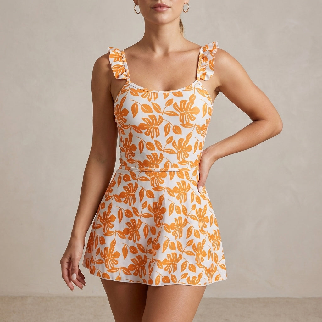 Duttini | Effortless Tropical Blossom Ruffle Strap Swim Dress With Flattering Flared Skirt